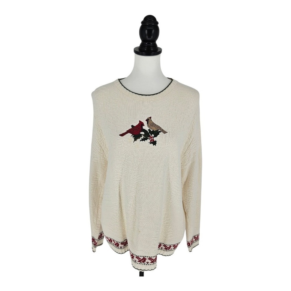 Vintage Shenandoah Sweater Womens Medium Cream Cardinal Bird Embroidered Cotton